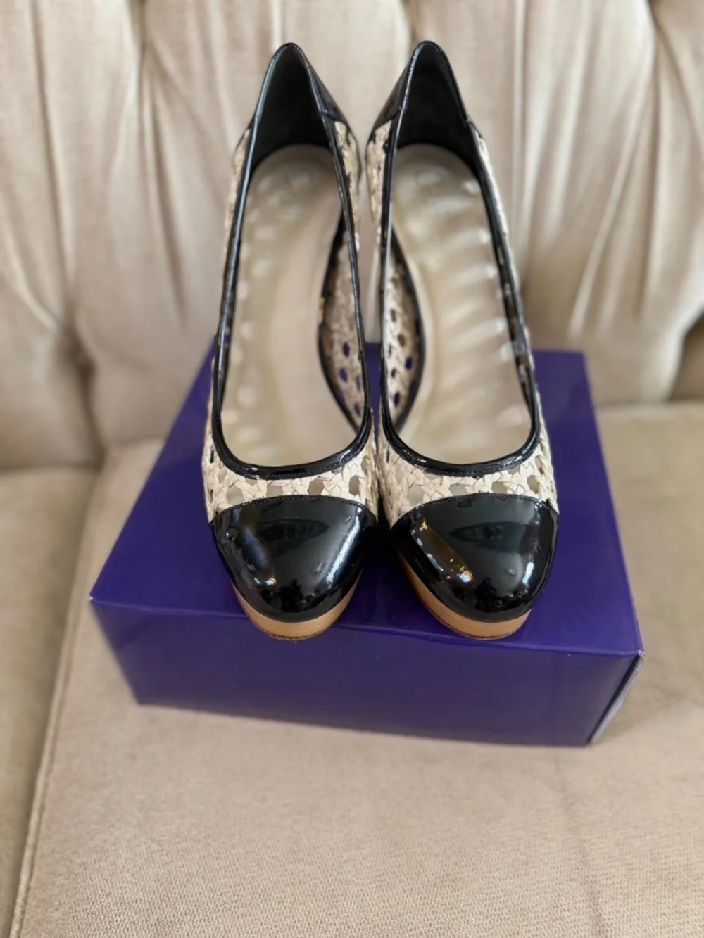 Cole Haan black patent leather woven platform heels